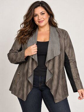Kate & Mallory Womens 1X Gray Faux Leather Waterfall Open Front Moto Jacket